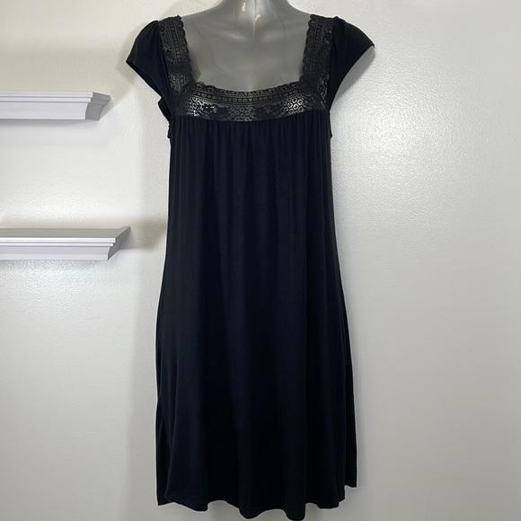 Black Night Gown Slip Night Dress Lace Trim Plume - Picture 3 of 6